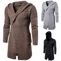 Fashion Solid Color Long Sleeve Hooded Men's Knit Coat