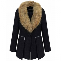 Fashion Detachable Faux Fur Collar Long Sleeve Slim Fit Woolen Coat