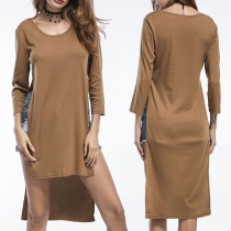 Chic Style Long Sleeve Round Neck High-low Slit Hem Solid Color Top
