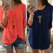 Fashion Solid Color 3/4 Sleeve Round Neck Chiffon Top