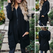 Fashion Solid Color Long Sleeve Irregular Hem Hooded Coat