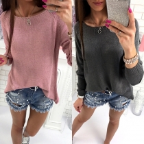 Fashion Solid Color Long Sleeve Round Neck Back-zipper Sweater