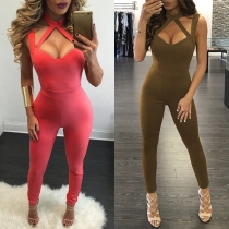 Sexy Hollow Out Backless High Waist Slim Fit Solid Color Jumpsuit