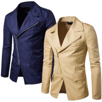 Fashion Solid Color Long Sleeve Oblique Zipper Slit Hem Men's Blazer