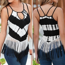 Sexy Hollow Out Tassel Hem Printed Cami Top
