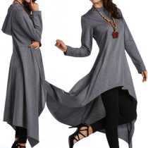 Fashion Solid Color Long Sleeve Hooded Irregular Hem Dress