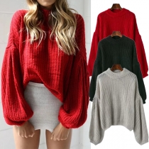Fashion Solid Color Lantern Sleeve Round Neck Sweater