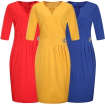 Elegant Solid Color Half Sleeve V-neck Slim Fit Dress