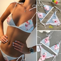 Sexy Striped Spliced Printed Lace-up Bikini Set