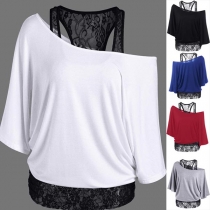 Sexy Off-shoulder Lace Spliced Mock Two-piece T-shirt