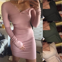 Sexy V-neck Long Sleeve Solid Color Tight Dress