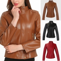 Fashion Solid Color Long Sleeve Stand Collar Slim Fit PU Leather Jacket