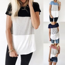 Fashion Contrast Color Short Sleeve Round Neck Striped T-shirt
