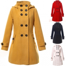 Fashion Solid Color Long Sleeve Double-breasted Slim Fit Woolen Coat