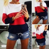 Fashion Contrast Color Long Sleeve Round Neck Lace-up Sweatshirt
