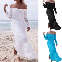 Sexy Off-shoulder Boat Neck Lace Spliced Long Sleeve Solid Color Beach Dress