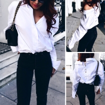 Fashion Solid Color Long Sleeve V-neck Lace-up Shirt