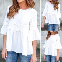 Fashion Lace Spliced Trumpet Sleeve Round Neck Solid Color Top