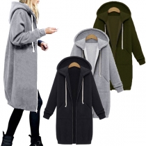 Fashion Solid Color Long Sleeve Hooded Sweatshirt Coat