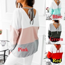 Fashion V-shaped Backless Long Sleeve Round Neck Contrast Color Sweatshirt