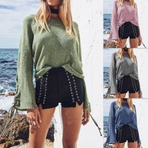 Fashion Solid Color Lace-up Trumpet Sleeve Round Neck Sweater