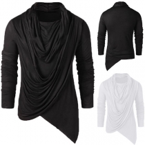 Casual Style Long Sleeve Cowl Neck Solid Color Men's T-shirt