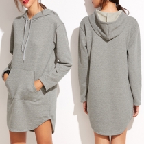 Fashion Solid Color Long Sleeve Hooded Sweatshirt Dress