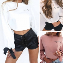 Fashion Solid Color Long Sleeve Round Neck Letters Embroidered Crop Top