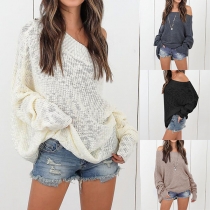 Sexy Off-shoulder Boat Neck Long Sleeve Solid Color Loose Sweater