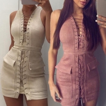 Sexy Lace-up Deep V-neck Sleeveless Solid Color Slim Fit Dress