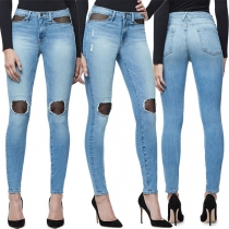 Sexy Hollow Out Gauze Spliced Skinny Jeans