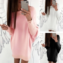 Fashion Solid Color Knit Spliced Long Sleeve Round Neck Loose Dress