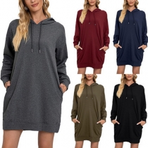 Fashion Solid Color Long Sleeve Hooded Sweatshirt Dress