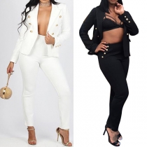 OL Style Long Sleeve Double-breasted Blazer + High Waist Pants Two-piece Set