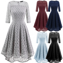 Elegant Solid Color 3/4 Sleeve Round Neck High-low Hem Lace Dress