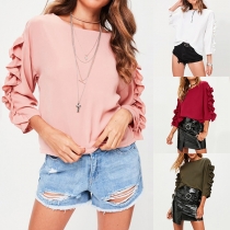 Fashion Ruffle Spliced 3/4 Sleeve Round Neck Solid Color T-shirt