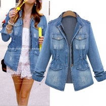 Chic Style Long Sleeve Stand Collar Slim Fit Denim Coat