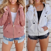 Fashion Solid Color Long Sleeve Hooded Ripped Sweatshirt Coat