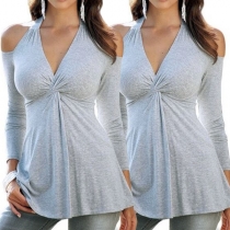 Sexy Off-shoulder Long Sleeve V-neck Solid Color Twisted T-shirt