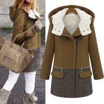 Fashion Contrast Color Long Sleeve Hooded Plush Lining Warm Coat
