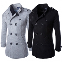 Fashion Solid Color Long Sleeve Double-breasted Slim Fit Men's Woolen Coat