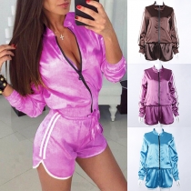 Fashion Solid Color Long Sleeve Stand Collar Coat + Shorts Sports Suit