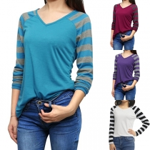 Fashion Striped Spliced Long Sleeve V-neck T-shirt