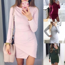 Fashion Solid Color Long Sleeve Irregular Hem Tight Dress