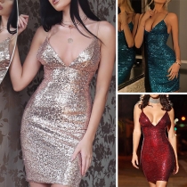 Sexy Backless Deep V-neck Slim Fit Sling Sequin Party Dress