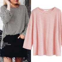 Fashion Long Sleeve Round Neck Loose Striped T-shirt
