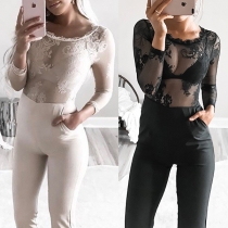 Sexy Backless See-through Lace Spliced Long Sleeve Slim Fit Jumpsuit