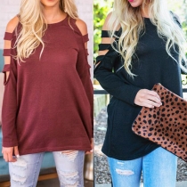 Sexy Off-shoulder Long Sleeve Round Neck Solid Color T-shirt