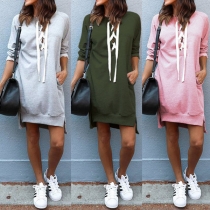 Fashion Solid Color Long Sleeve Lace-up V-neck High-low Hem Sweatshirt Dress
