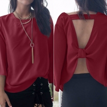 Sexy Backless 3/4 Trumpet Sleeve Round Neck Solid Color Top 